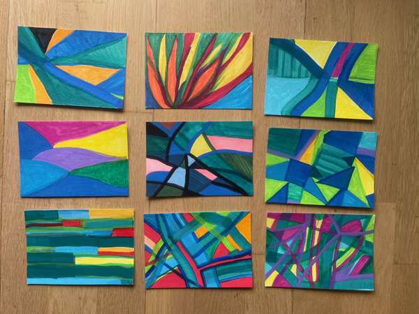 Greetings from Soulscapes, mixed media on paper, 10x15 cm each, 2023 - 2024